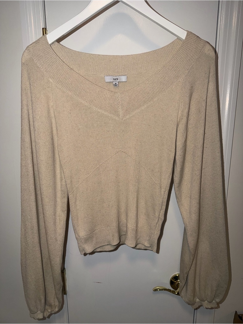 Fate Beige V-Neck Balloon Sleeve Sweater